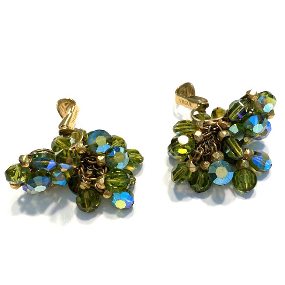 Vogue Clip On Earrings Drop Dangle Bead Clusters AB Green Blue Gold Mid Century - Picture 10 of 10